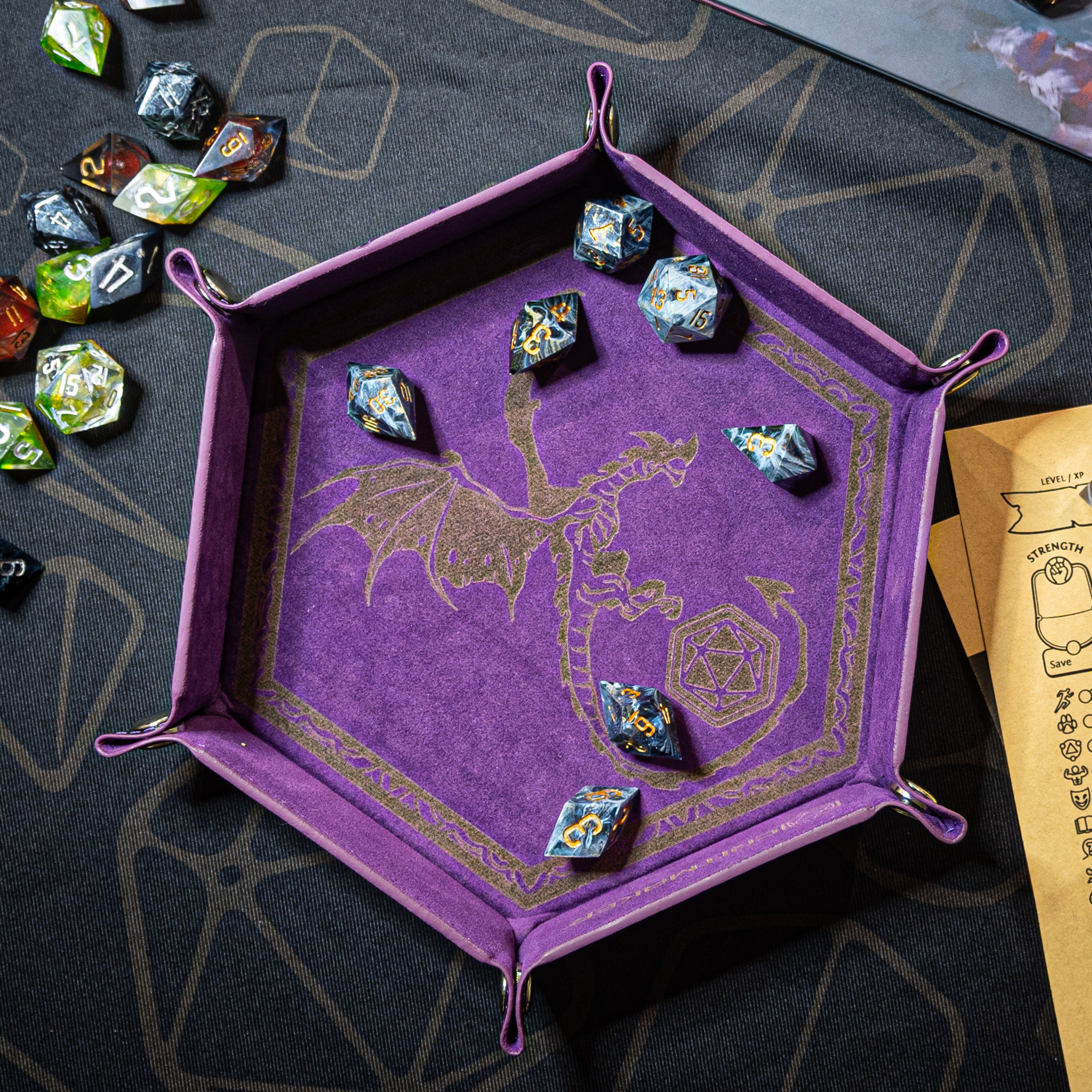 Laser Etched Folding Dice Tray - Dragon Motif