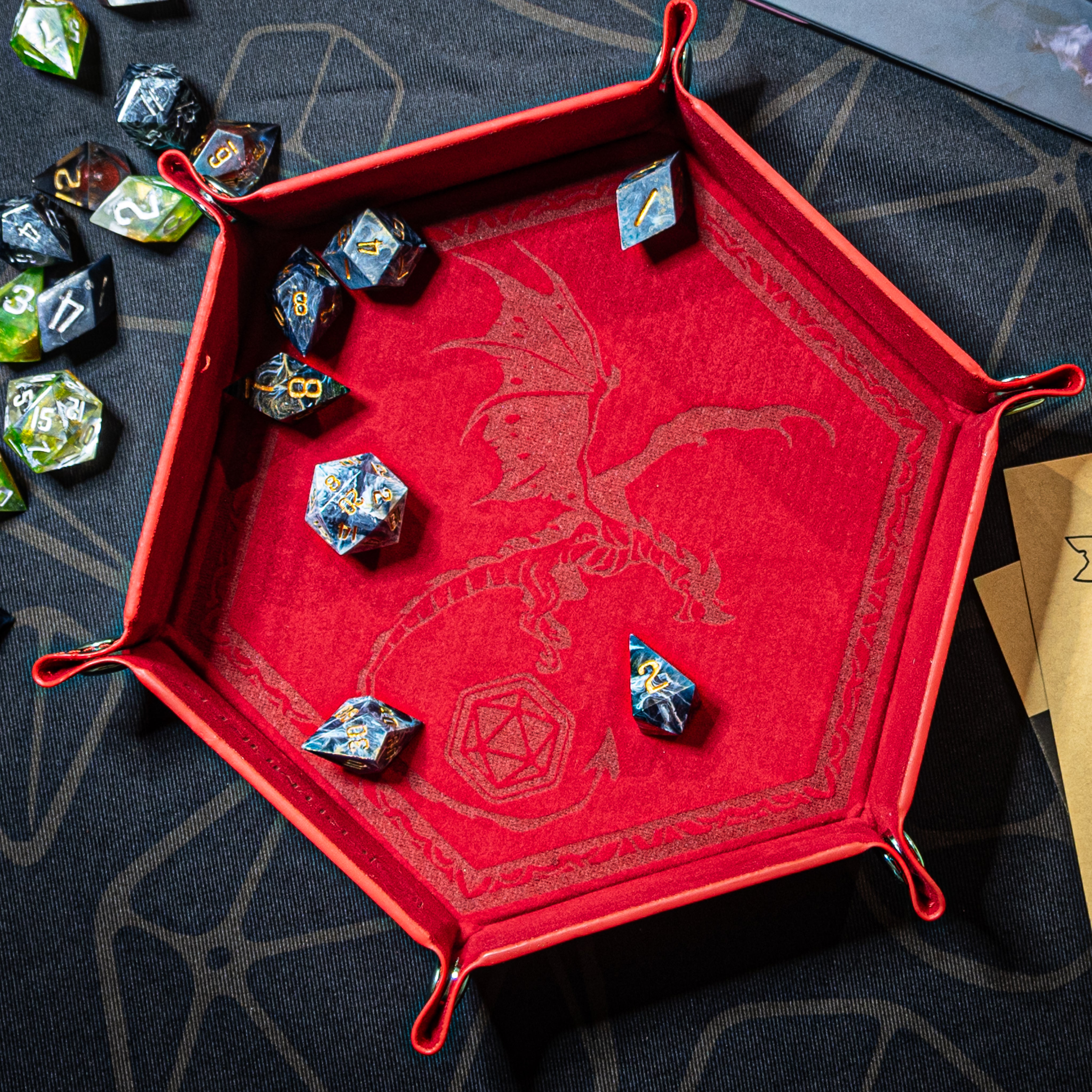 Laser Etched Folding Dice Tray - Dragon Motif